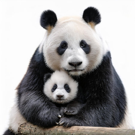 Panda bear mother with her baby on a white background, closeupの素材