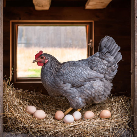 Hen with eggs in the barn. Chicken and eggs in the barn.の素材