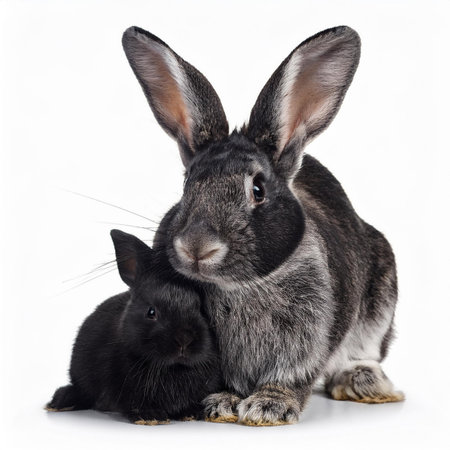 Two black rabbits isolated on white background. Close-up. Studio shot.の素材