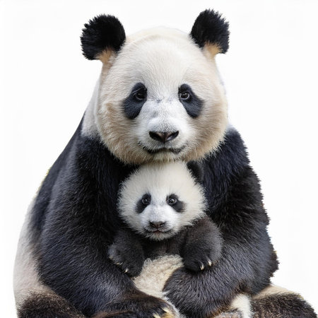 panda mother and baby sitting together on white background, closeupの素材