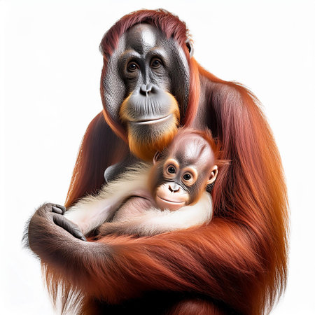 Portrait of an orangutan with a baby on a white backgroundの素材