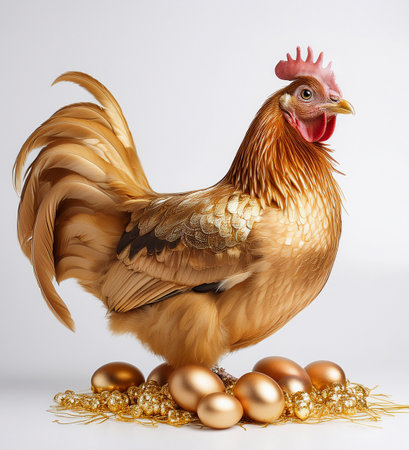 Golden rooster with golden eggs on a white background. Easter concept.の素材