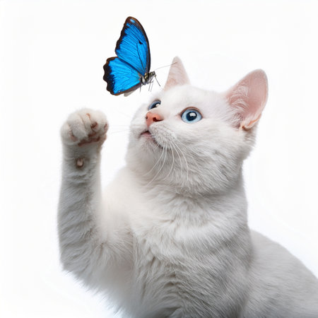 Portrait of a white cat with blue butterfly on a white backgroundの素材