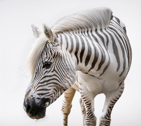 Zebra isolated on white background, close-up portrait of animalの素材