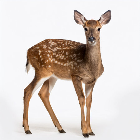 Young whitetail deer fawn in front of a white backgroundの素材