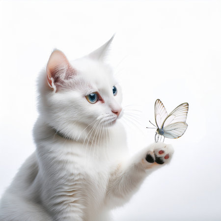 White cat with a butterfly on a white background, isolated, close-upの素材