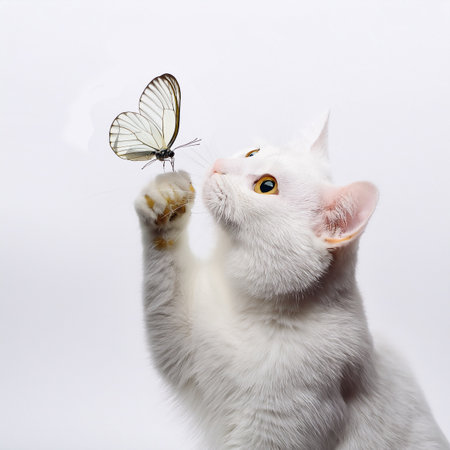 White cat with a butterfly on a white background, close-upの素材