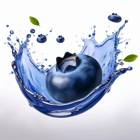 Blueberry in water splash isolated on white background. 3d illustrationの素材