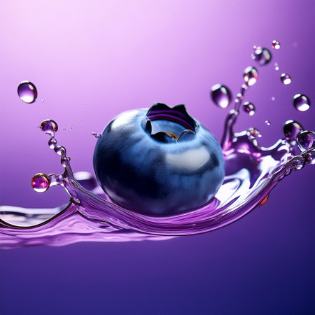 Blueberry in water with splash on purple background. 3d illustrationの素材