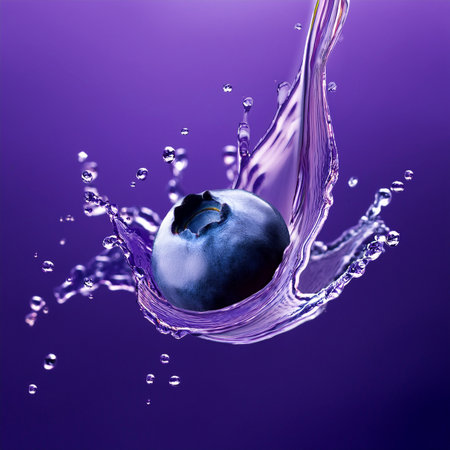 Blueberry in water splash on purple background. 3d illustration.の素材