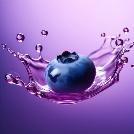 Blueberry in water splashes on purple background. 3d renderingの素材