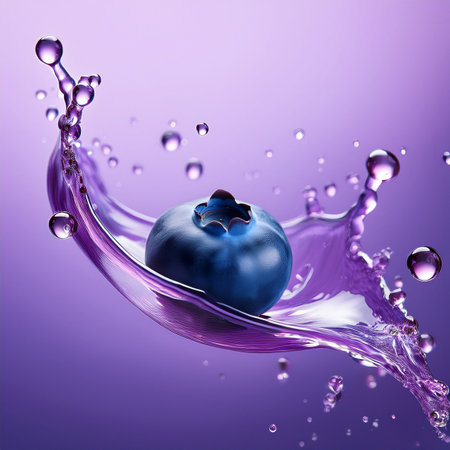 Blueberry in water with splash and drops on purple background. 3d illustrationの素材