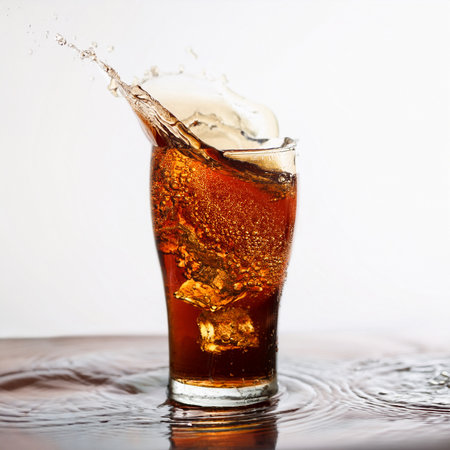 cola splashing out of glass with ice cubes on white backgroundの素材