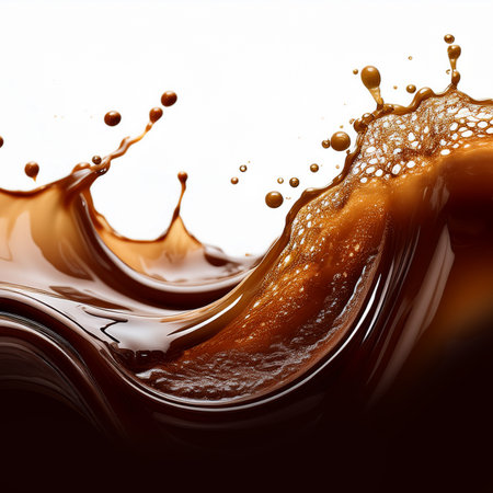 close up of chocolate syrup splash on white background with clipping path.の素材