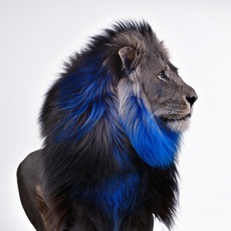 Portrait of a lion with blue hair on a white background.の素材