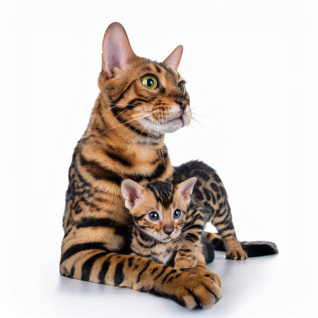 Bengal cat and kitten sitting together. isolated on white background.の素材