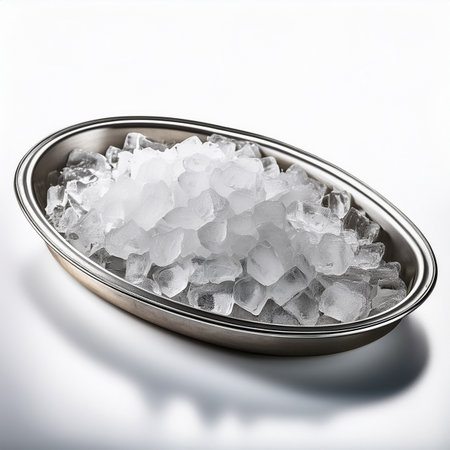 crystal bowl with ice cubes isolated on white background, close upの素材