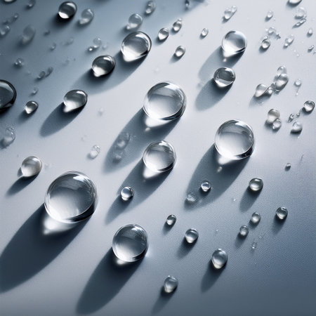 Water drops on metal surface. Abstract background. Shallow depth of field.の素材