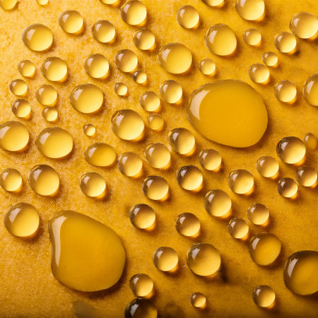 Drops of water on a yellow background. Close-up.の素材
