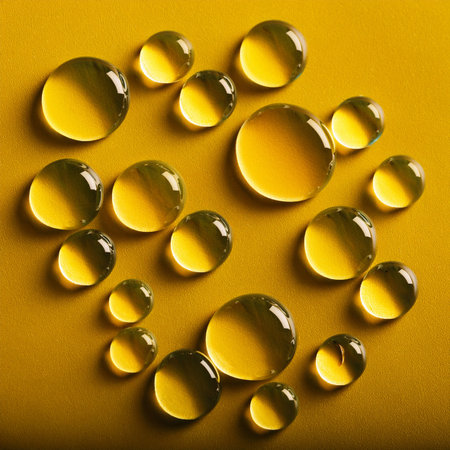 Drops of water on a yellow background. Shallow depth of fieldの素材