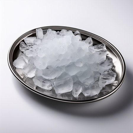 Ice cubes on a metal plate on a white background, top viewの素材