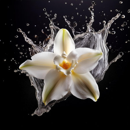 Beautiful white orchid in water splash on black background. Studio shotの素材