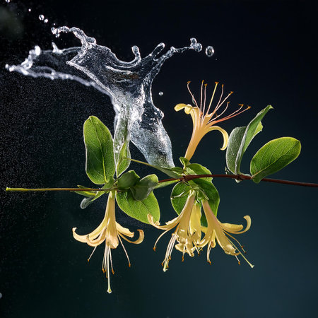 Flowering honeysuckle with water splash on a dark backgroundの素材