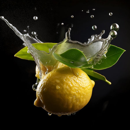 Lemon in water splash isolated on black background. Citrus fruitの素材