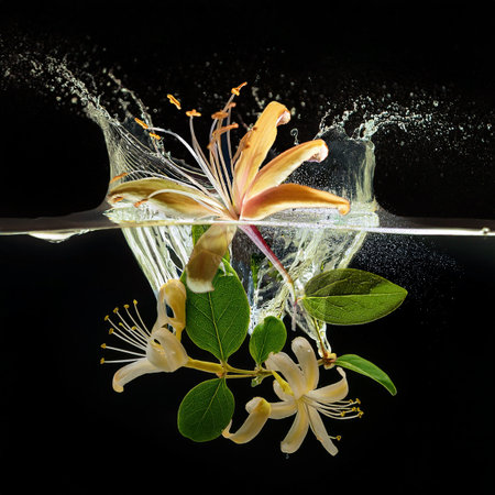 Flower falling into water with splash on black background. Studio shotの素材