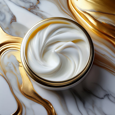 cosmetic cream in a jar on a marble background, top viewの素材