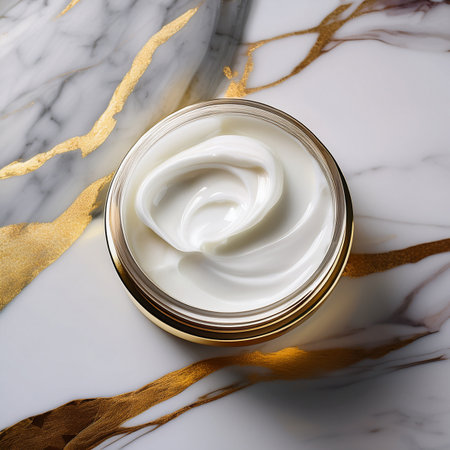 cosmetic cream in a jar on a marble background, top viewの素材