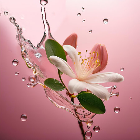 Water splash with flowers and leaves on a pink background. Copyspace.の素材
