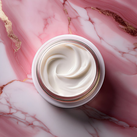 cosmetic cream in a jar on a marble background, top viewの素材