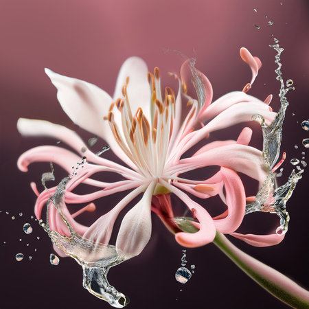 Water splashes on a pink flower on a dark background with drops of waterの素材