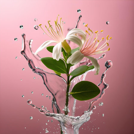 Water splash with flower on a pink background. 3d rendering, 3d illustration.の素材