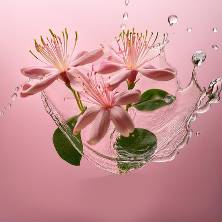 Water splash with pink flowers and green leaves on a pink background.の素材