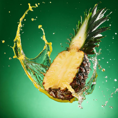 Pineapple fruit splashing in water on a green background.の素材