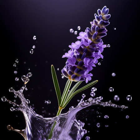 Lavender flower with water splash isolated on black background, close upの素材