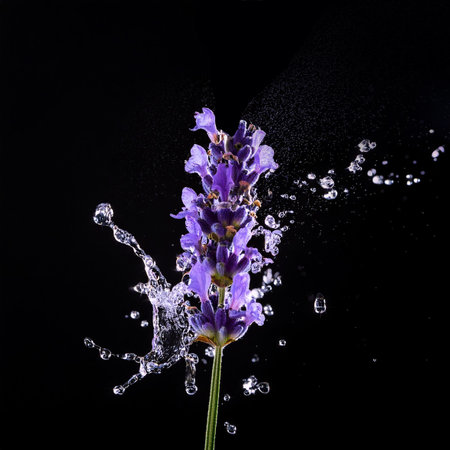 Lavender flower with water splash, isolated on black background.の素材