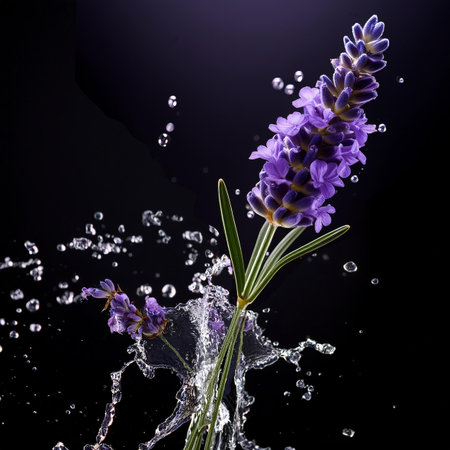 Lavender flowers with water splash on black background, close upの素材