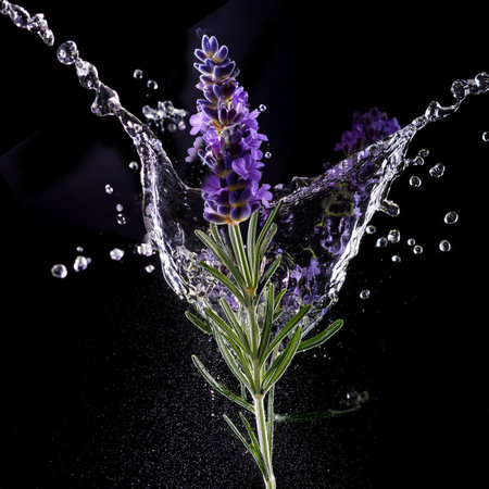 Lavender flower in water splash, isolated on black background.の素材
