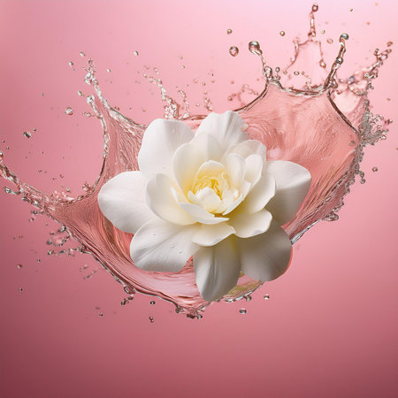 White flower in water splash, isolated on pink background. 3d renderingの素材
