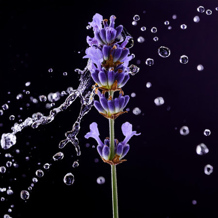 Lavender flowers with water drops, isolated on black background.の素材