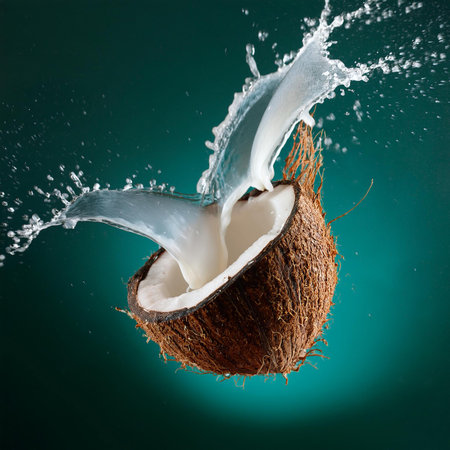 Coconut splashing into the water on a dark green backgroundの素材