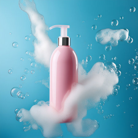 Pink cosmetic bottle with soap bubbles on blue background. 3d renderingの素材