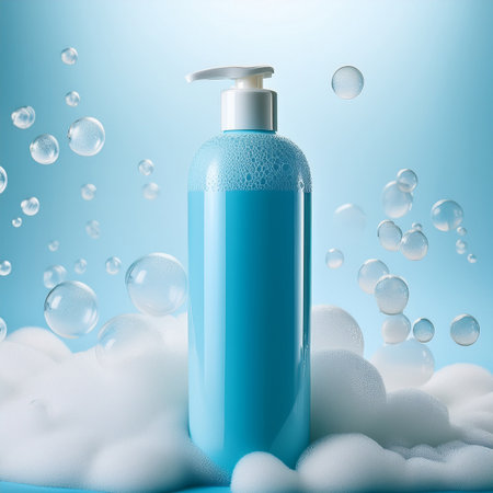 Blue cosmetic bottle with soap bubbles on blue background. 3d renderingの素材