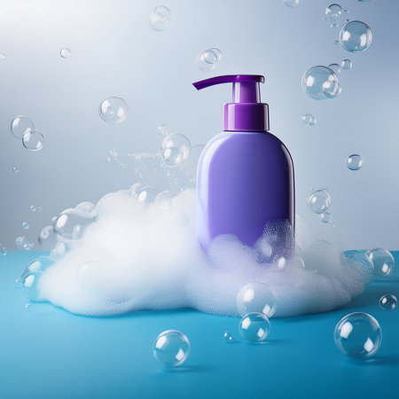 Purple shampoo bottle with soap bubbles on blue background. 3d illustrationの素材