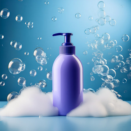 Cosmetic bottle with soap bubbles on blue background. 3d renderingの素材