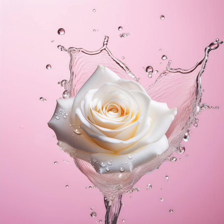 White rose in water splash isolated on pink background. 3d illustrationの素材