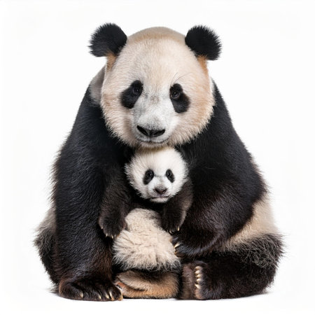 Panda mother and baby in front of a white background, isolatedの素材
